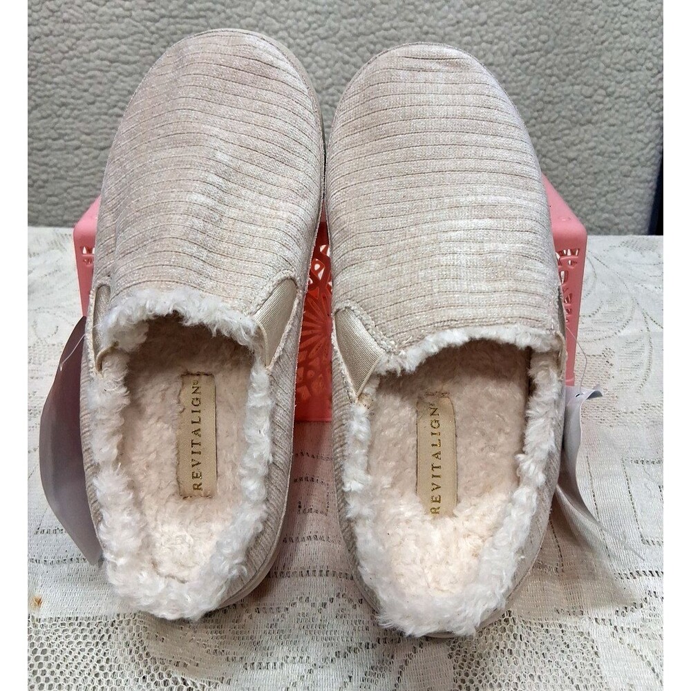 REVITALIGN Women's 7 Apres Oatmeal Shimmer Slipper Beige Pwr-Bridge Orthotic NEW